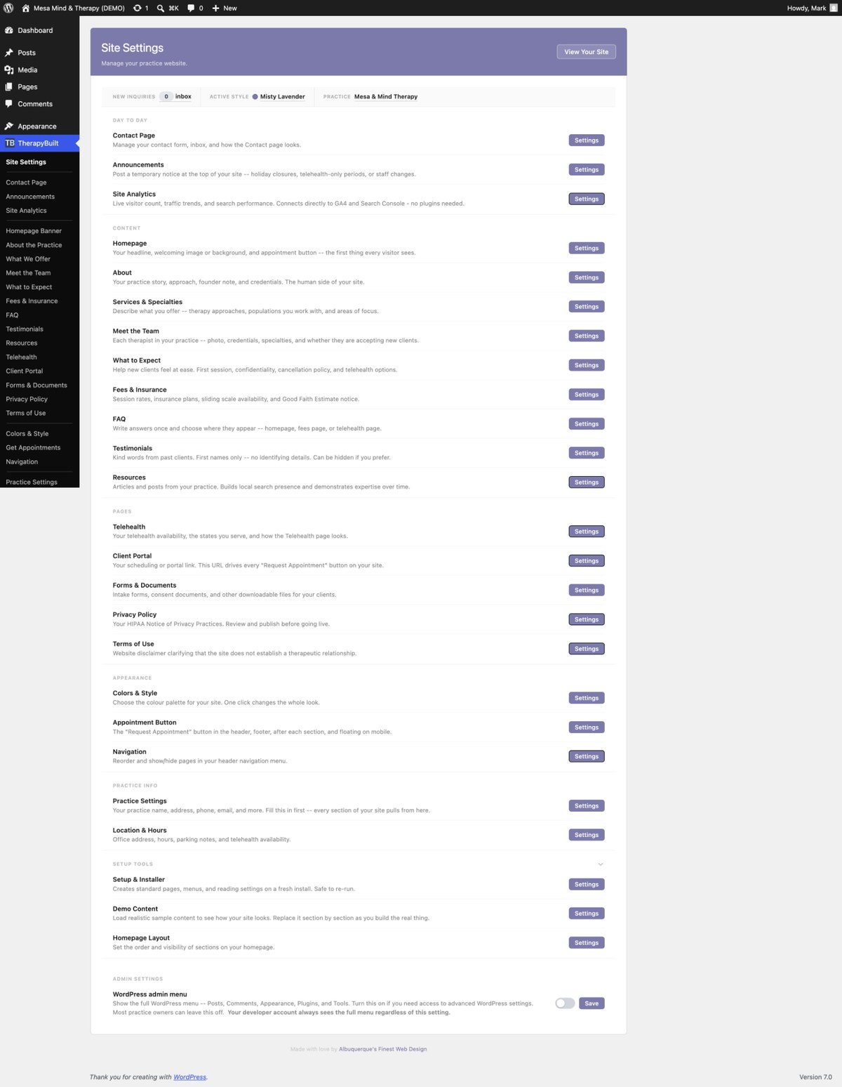 TherapyBuilt practice website dashboard showing editable sections for a therapy practice