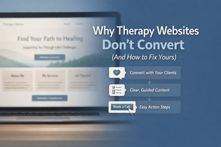 Illustration of a therapy website homepage with the title “Why Therapy Websites Don’t Convert” and highlighted elements showing clear content structure and call-to-action buttons.