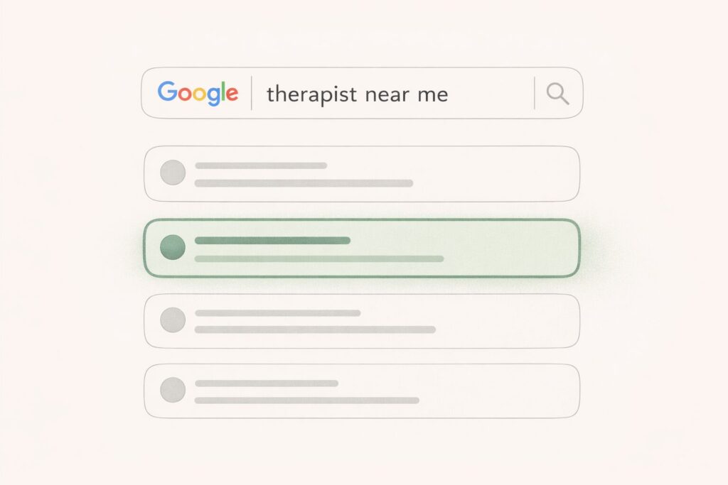 Illustration of a Google search for "therapist near me" with one result highlighted in green
