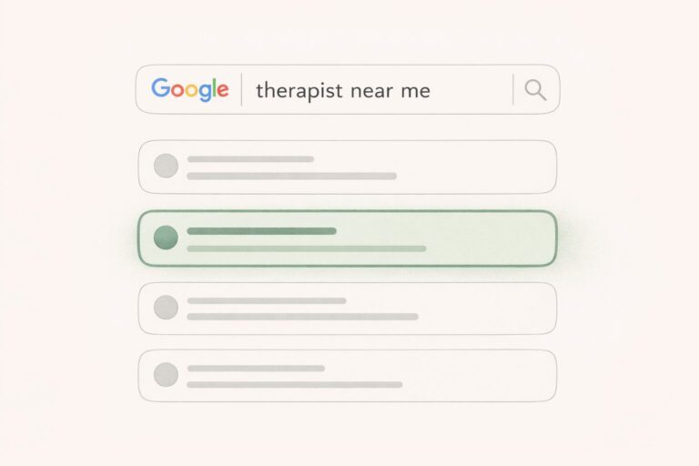 Illustration of a Google search for "therapist near me" with one result highlighted in green